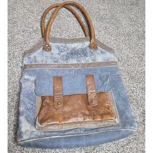 Mona B Collins Tote Bag Distressed Leather Denim Rustic Purse Handbag